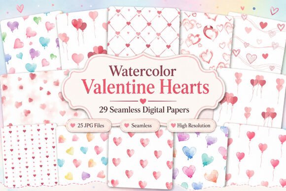 Download Watercolor Valentine Hearts Digital Pape - Watercolor Collection