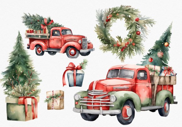 Download Watercolor Retro Christmas Trucks PNGs - Watercolor Collection